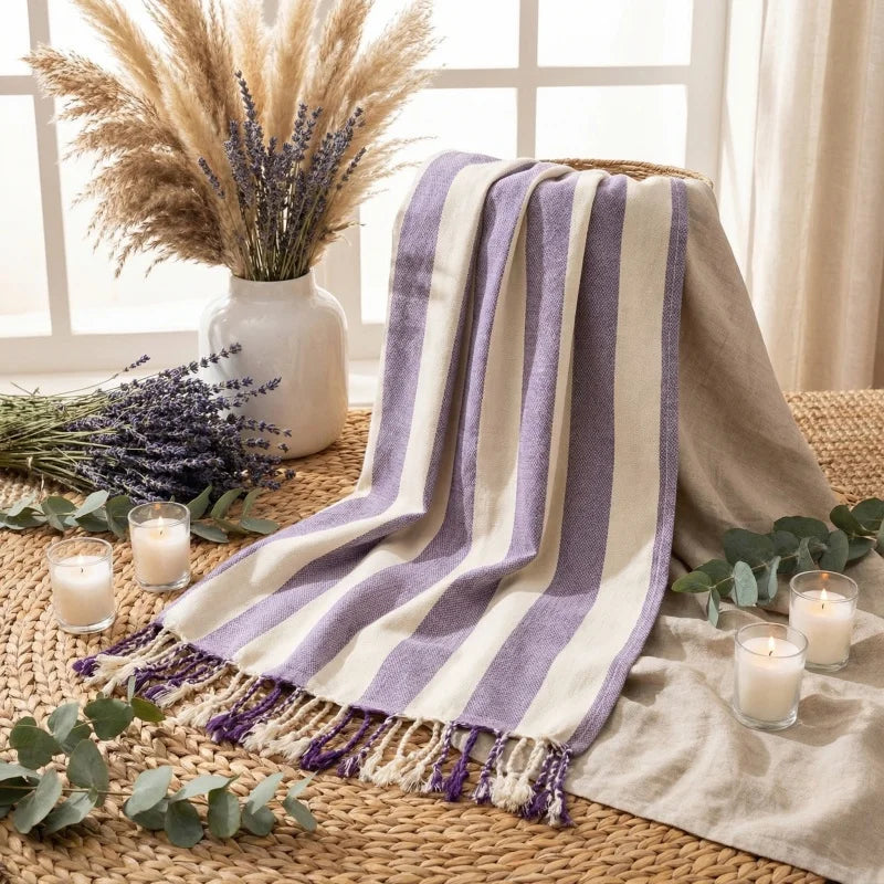 serviette plage coton violet blanc rayures absorption rapide lavable machine moderne large chapeau lunettes