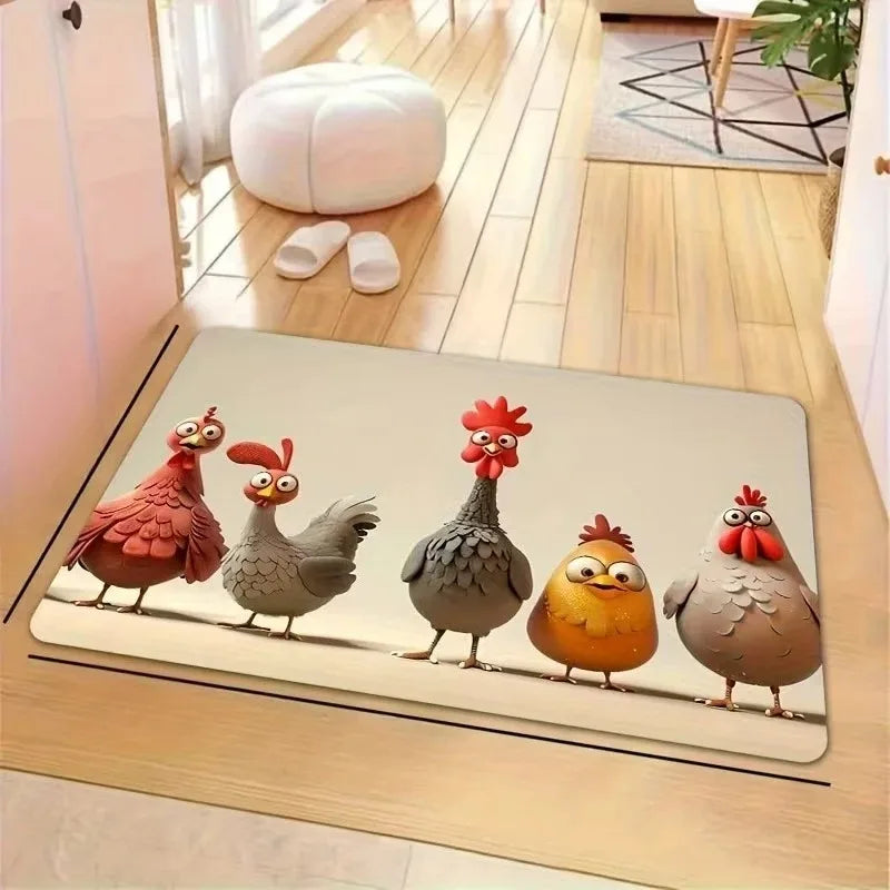 tapis sol antidérapant polyester poules colorées moderne salon chambre kitchen beige gris orange rouge