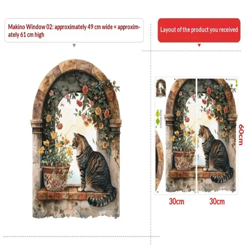 autocollant mural vintage paysage fenêtre volets bleus plantes vertes guirlande fleurs chat niche naturel