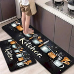 tapis cuisine antidérapant polyester feutre moderne illustration ustensiles noir blanc doré