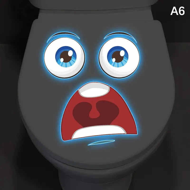stickers toilette visage souriant yeux grands ouverts adhésifs amovibles cartoona lumineux salle bain bleu