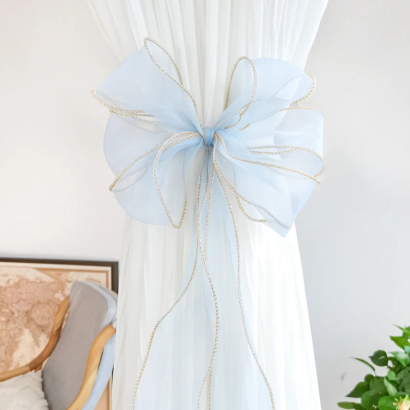 rideau fenêtre transparent rubans décoratifs nœuds dorées élégants maison vintageclair rose blanc
