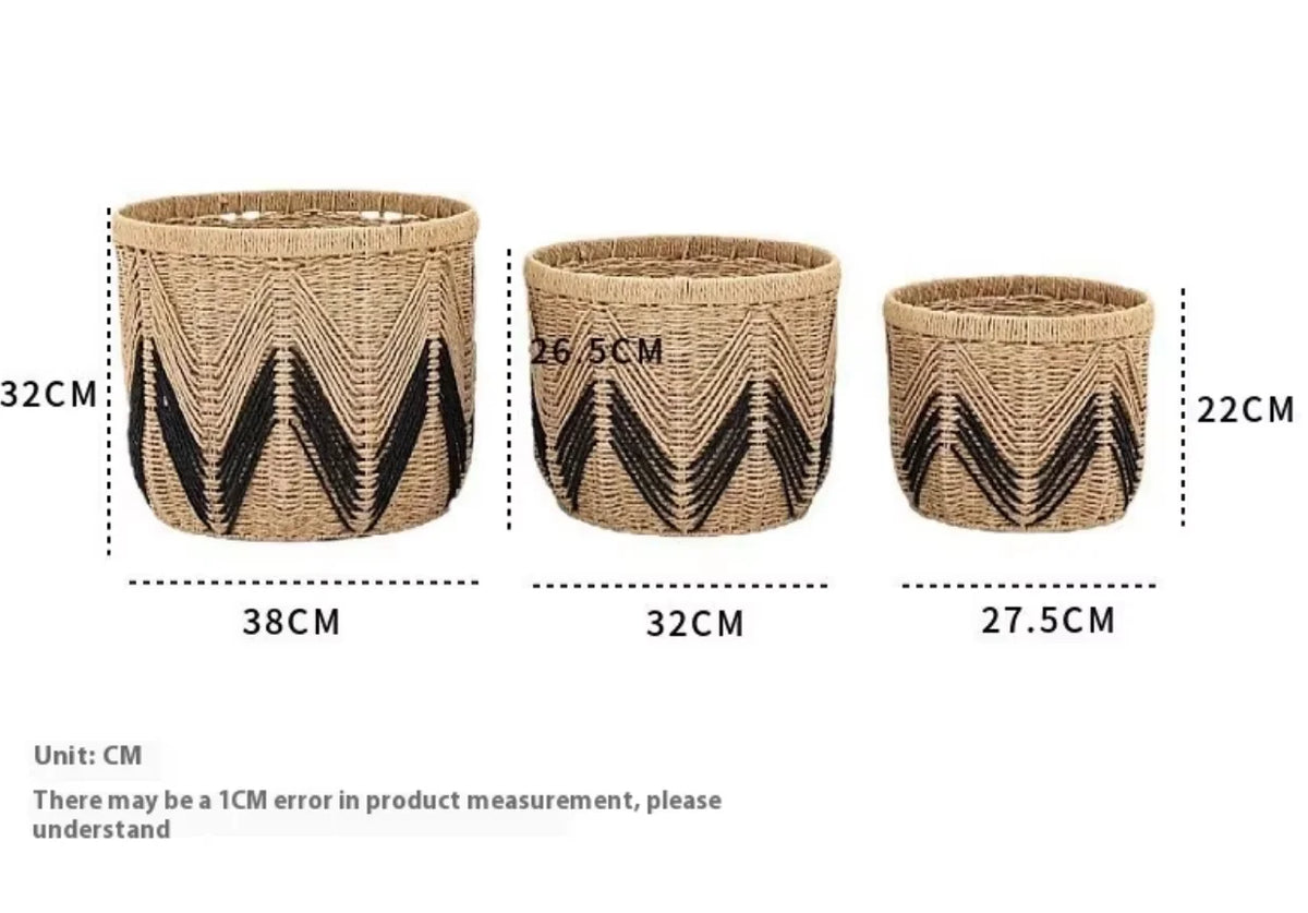 paniers rangement réutilisables fibre végétale couleur beige motif zigzag ethnique petit moyen grand