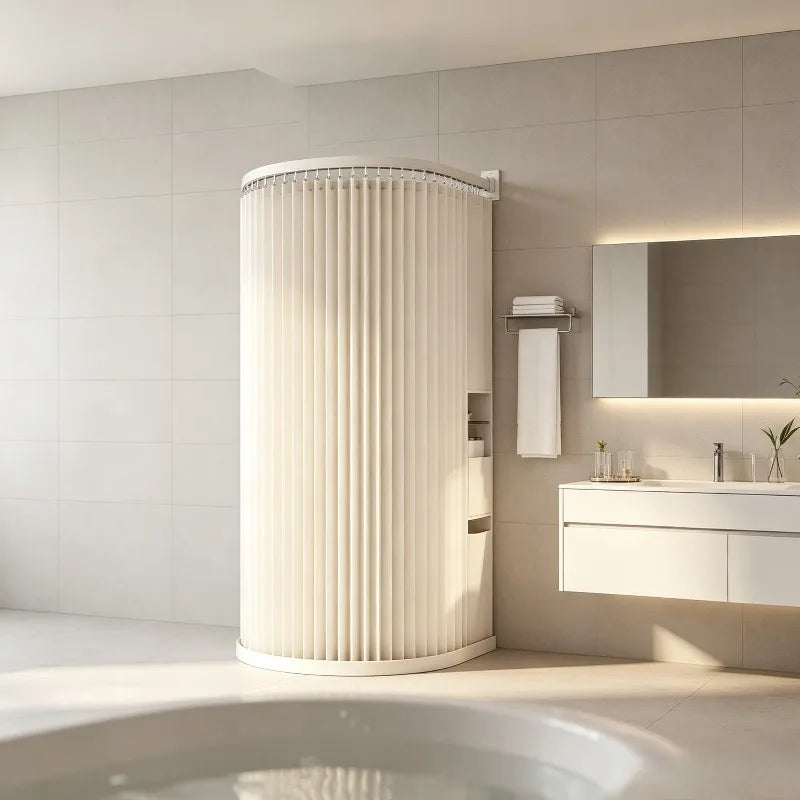rideau douche pliable moderne beige clair rayures verticales opacité aimants