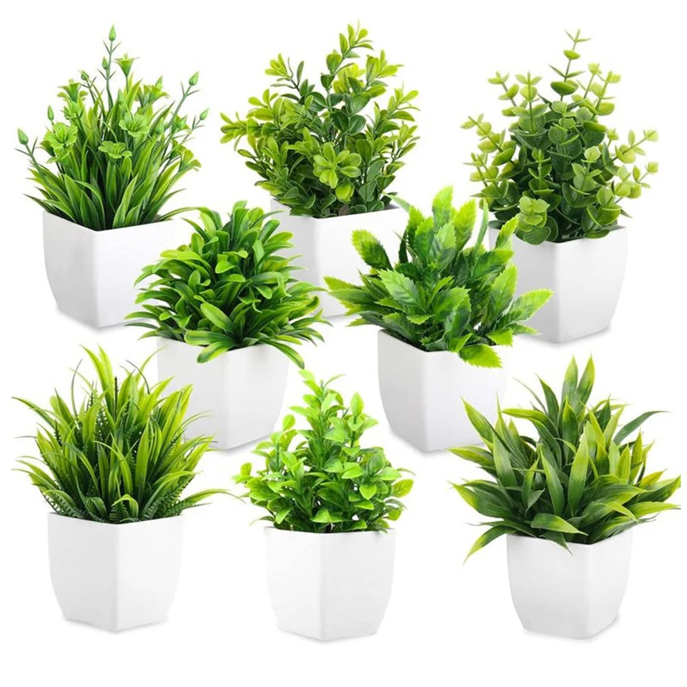 plantes artificielles vertes bonsaï feuilles fines moderne pot carré décoration table maison