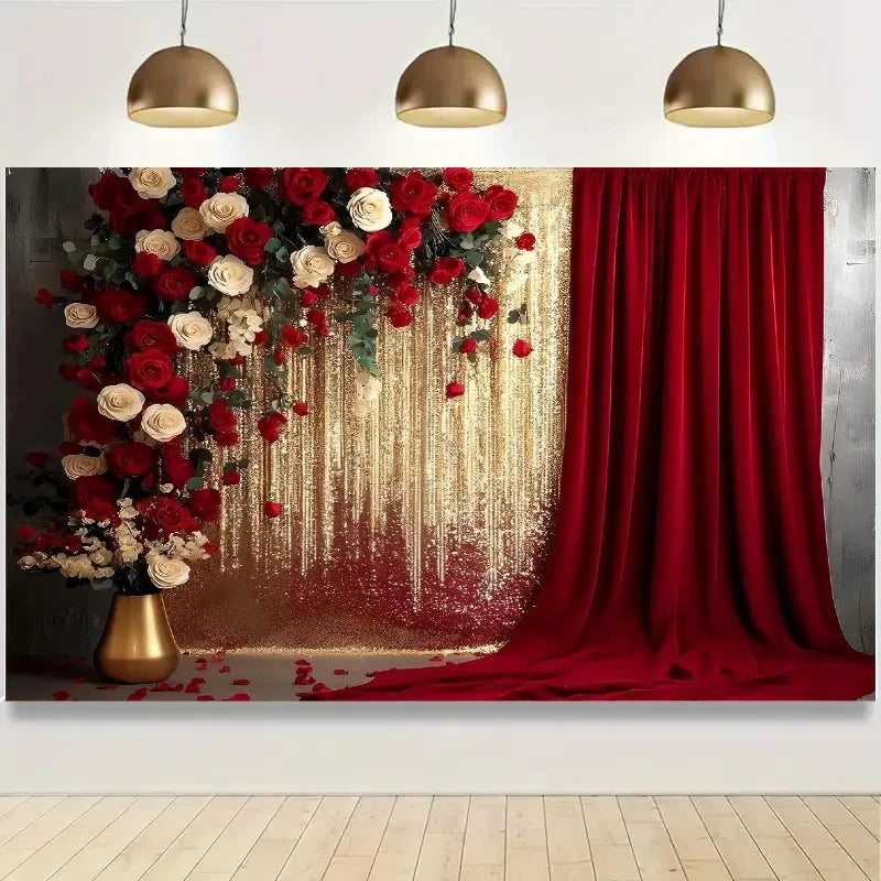 rideau rouge sequins moderne fleurs artificielles mariage anniversaire terylene 100x150cm 150x210cm 180x230cm 210x300cm