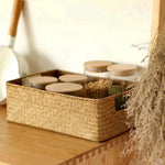 paniers tissés marron clair rustiques boho chic poignées intégrées rangement multifonctionnel écologique
