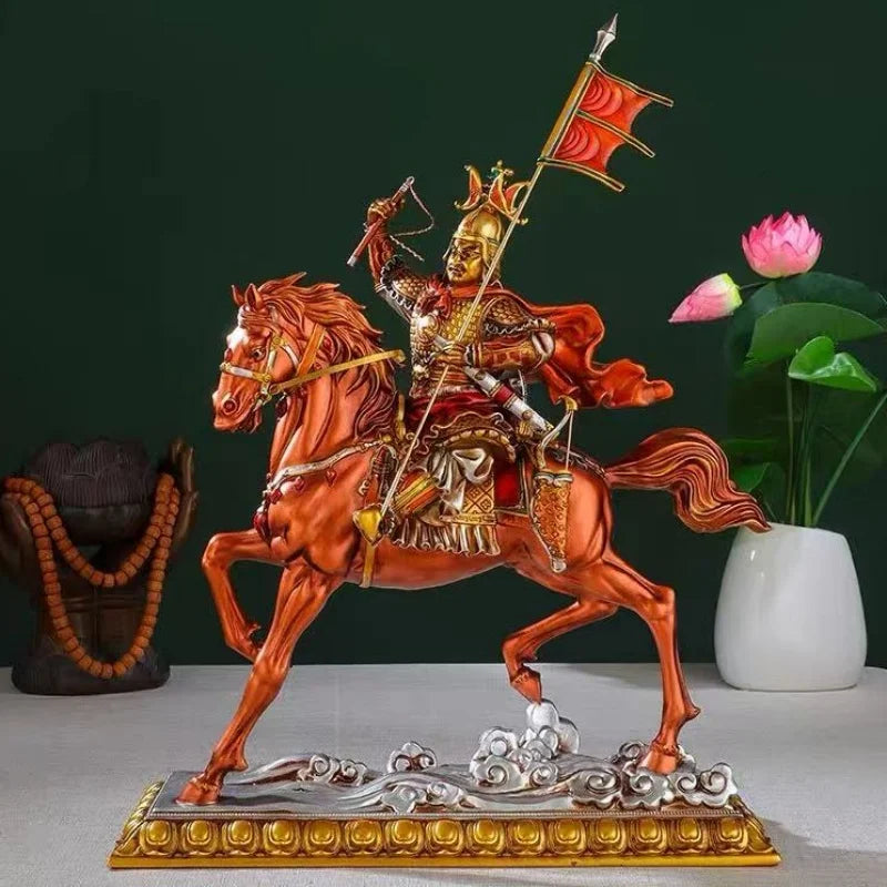 statue équestre décorative armure texturée motifs floraux base argentée drapeau rouge lotus pot blanc