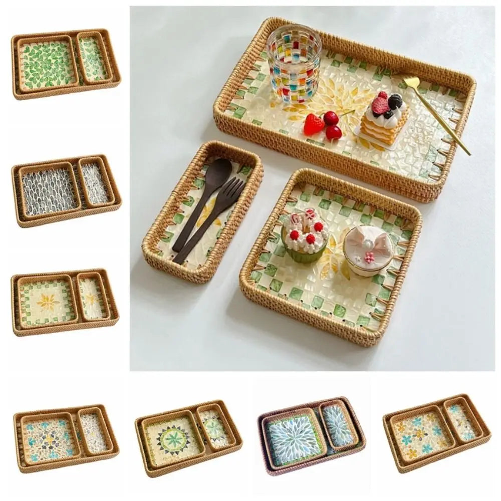 plateau rotin tissé décoratif assiettes céramique motifs floraux boho chic