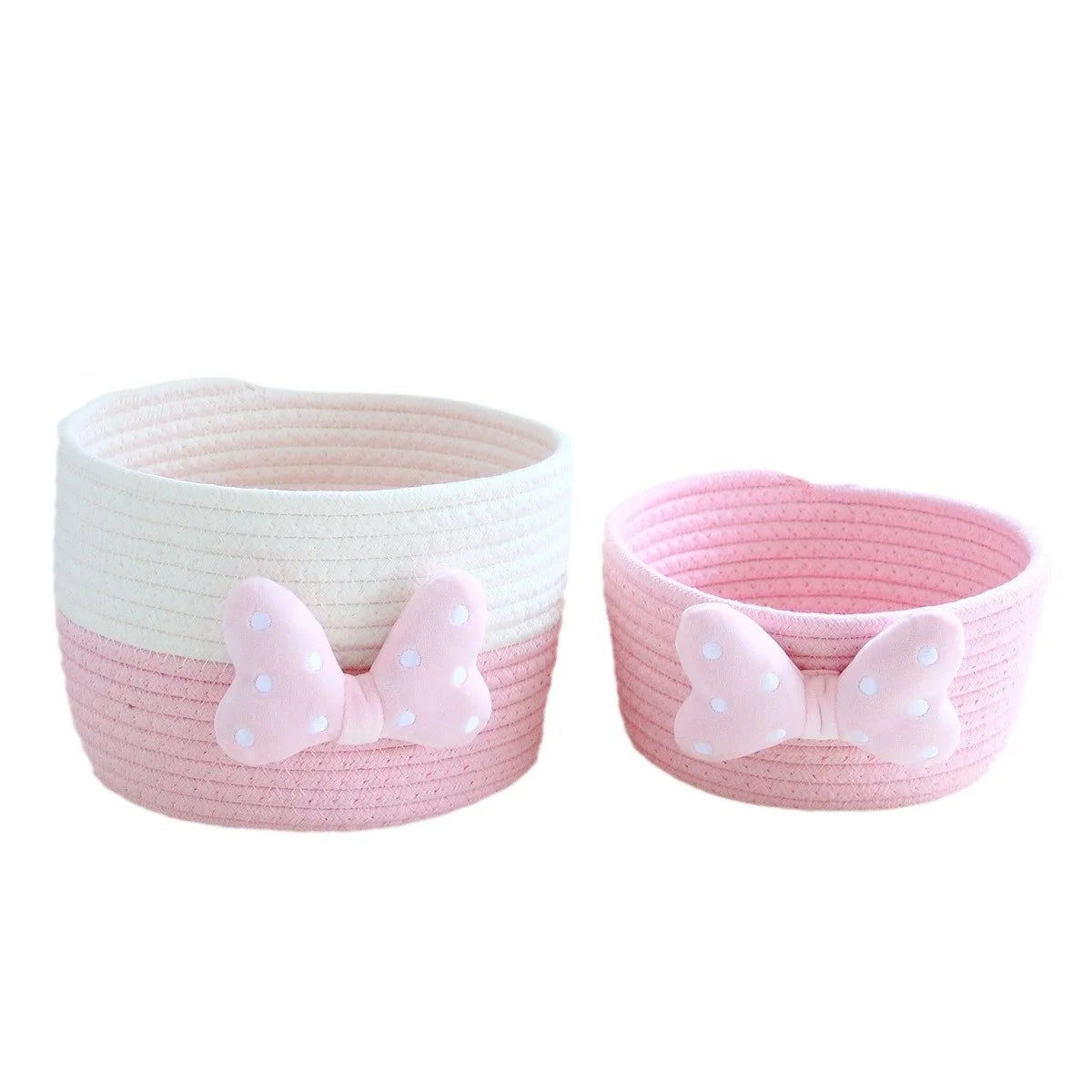 panier rangement rose blanc rayures horizontales noeud décoratif réutilisable polyestère enfantin cordelette organisation jouets