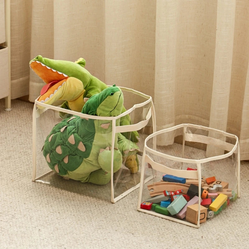 Panier rangement jouets transparent violet dans une chambre d'enfant