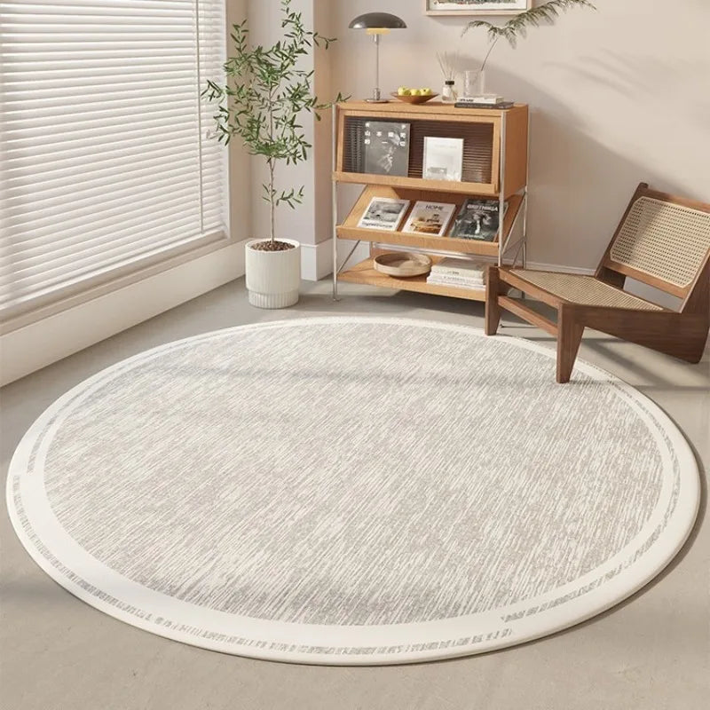 tapis rond beige clair texture tissée bordure blanche moderne décoration maison chambre salon