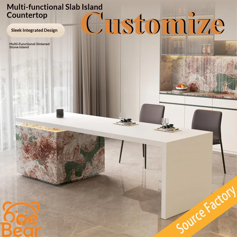 îlot cuisine moderne pierre marbrée blanc gris rectangle décoration élégante maison