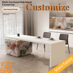 îlot cuisine moderne pierre marbrée blanc gris rectangle décoration élégante maison
