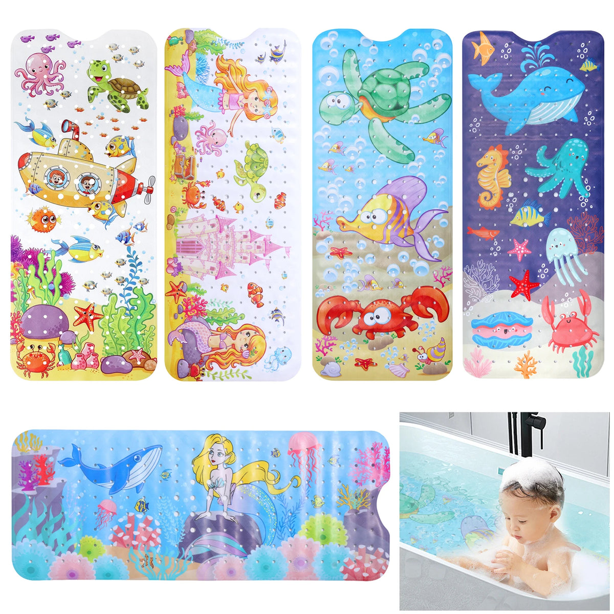 tapis bain dessin animé sous marin sirène poissons coraux moderne enfant couleur alphabet adhésif