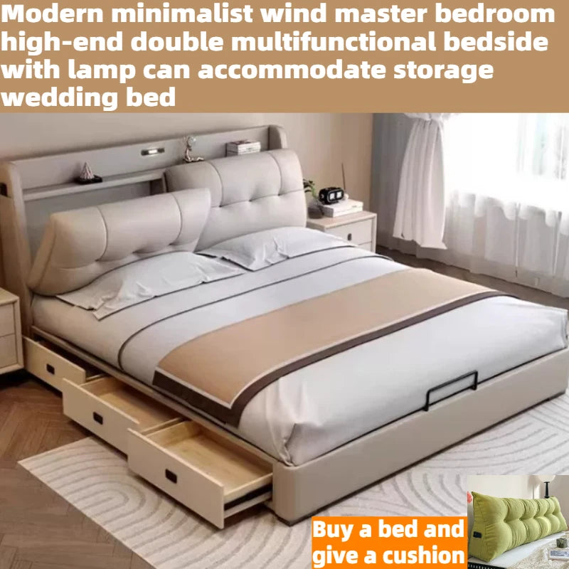 lit double beige simili cuir tiroirs rangement tête lit lumineuse moderne chambre