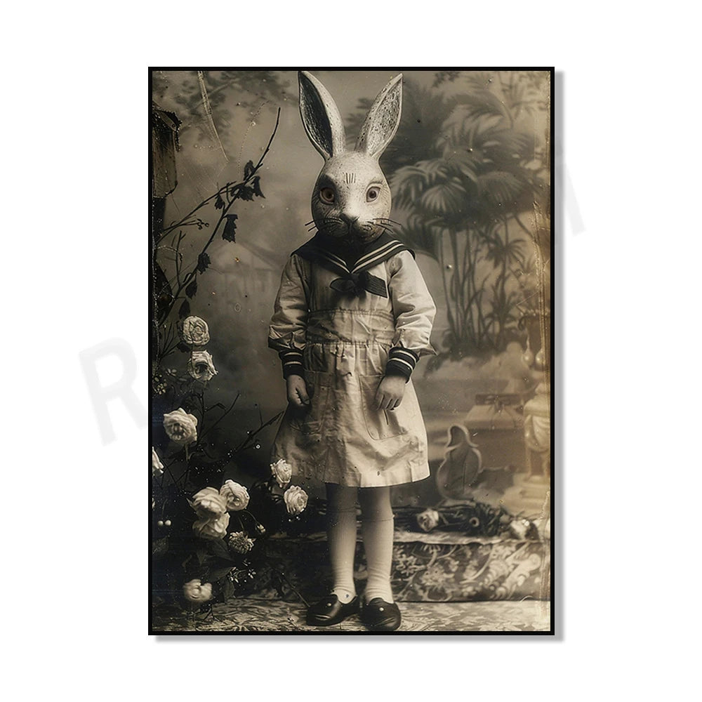 Une jeune fille habillée en costume de lapin semble émerger d'un environnement fantaisiste et floral.