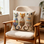 housse coussin bohème trois chats stylisés fond beige texturé coton polyester multicolore deco maison
