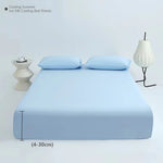 parure lit drap housse élastique soie glacée oreillers coton frais bleu clair uni