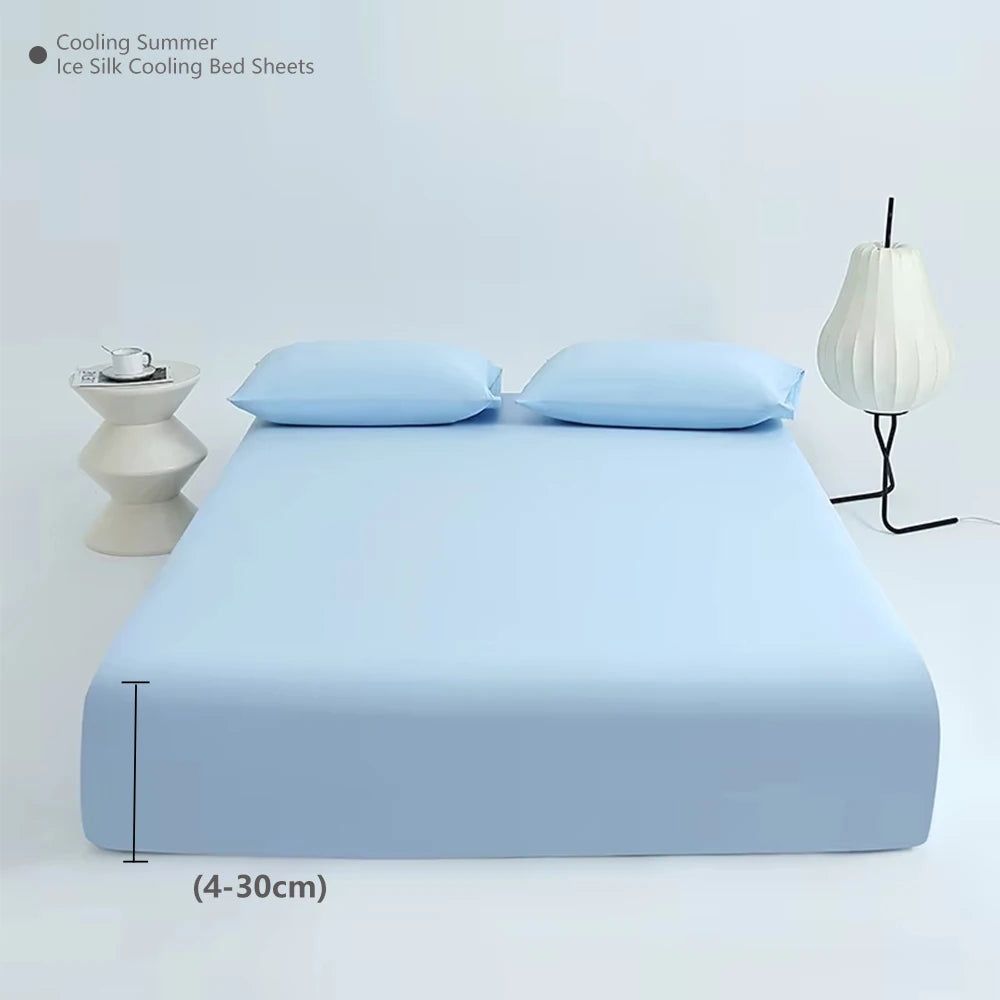 parure lit drap housse élastique soie glacée oreillers coton frais bleu clair uni