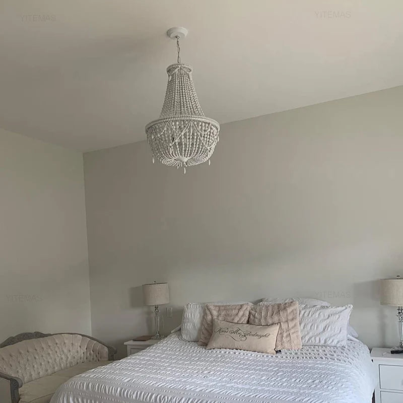 lustre vintage bois blanc suspension chambre salon bohème éclairage intérieur