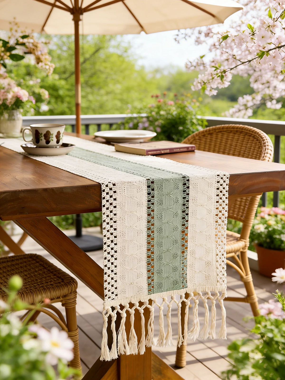 chemin table bohème crocheté géométrique beige rustique tassel intérieur extérieur printemps été