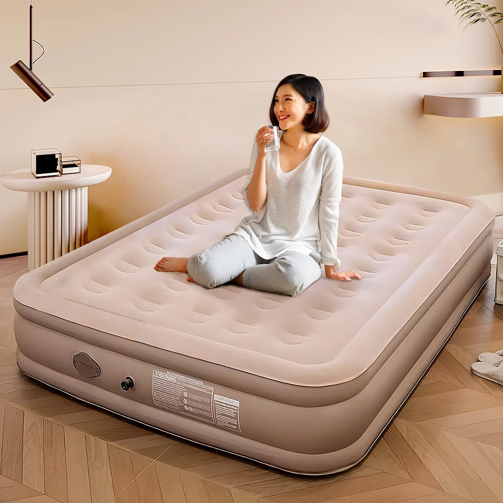 matelas gonflable air moderne beige clair mousse creux pompe électrique oreillers masque sommeil camping