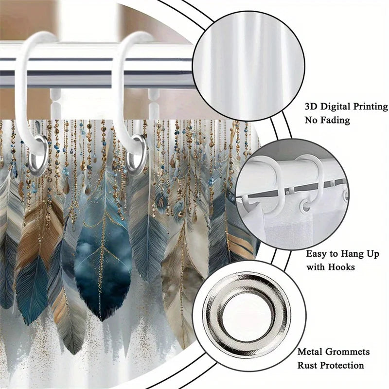 rideau douche boho chic plumes bleu beige opacité tissu polyester robuste lavable machinecoration salle