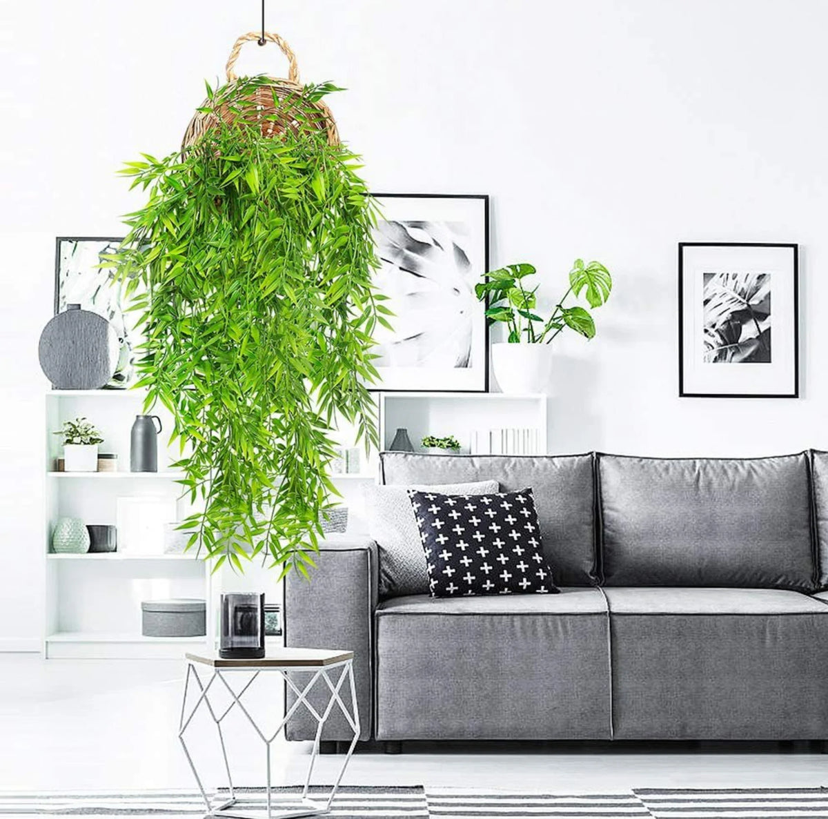 plantes artificielles suspendues feuilles vertes modernes minimalisteextérieur accrochées cordelettes support suspension