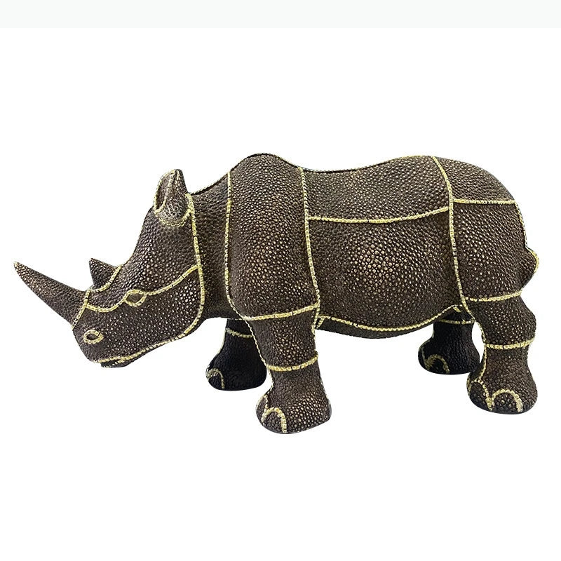 statuette rhinocéros marron foncé texture granuleuse décoratif animalier doré grande petite