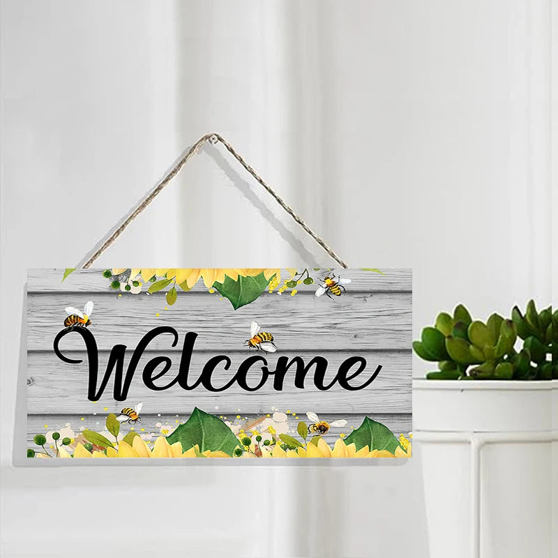 décoration murale bienvenue bois vieilli fleurs abeilles rustic vintage chambre salon entrée