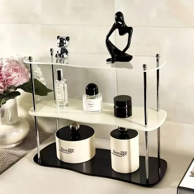 étagère deux niveaux transparente moderne pieds métalliques rangement parfum vaisselle décoratives multifonctionnelle salon