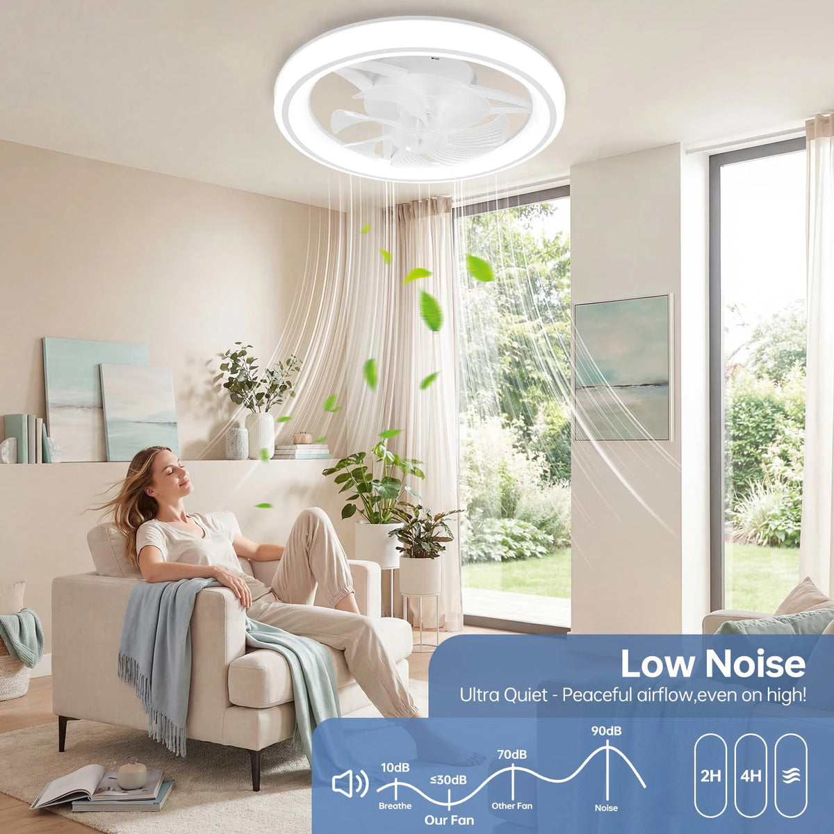 ventilateur lumière led blanc floral moderne vitesses éclairage ajustable 3000k 6500k