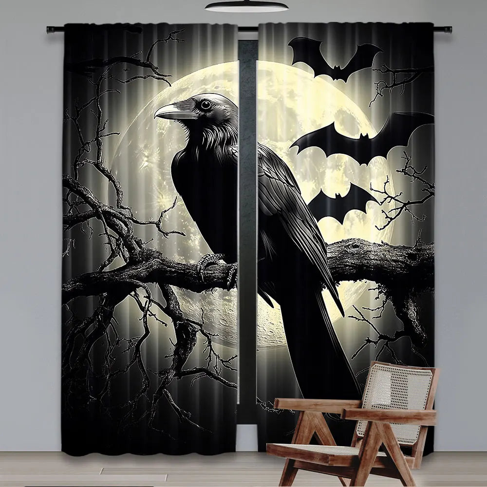 rideau gothique corbeau chauves souris pleine lune branches dénudées polyester opaque halloween décoration salon