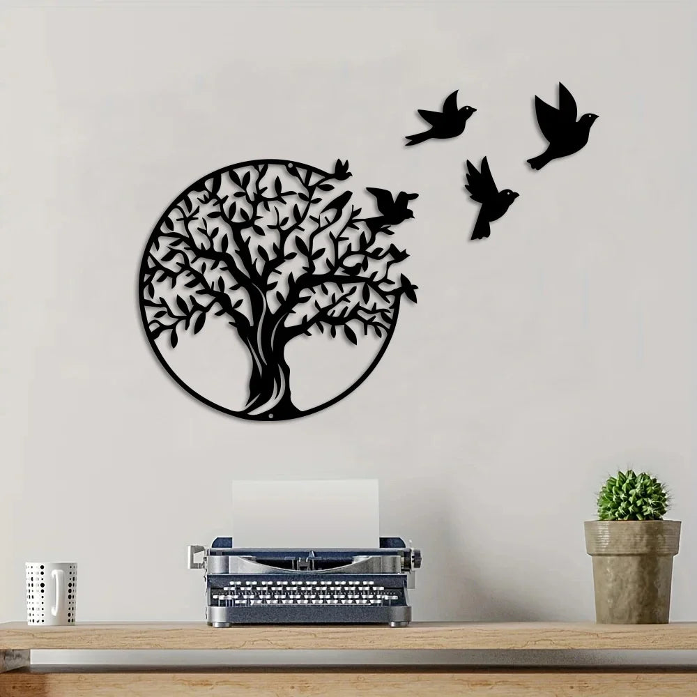 décoration murale arbre vie oiseaux moderne noire intérieur extérieur