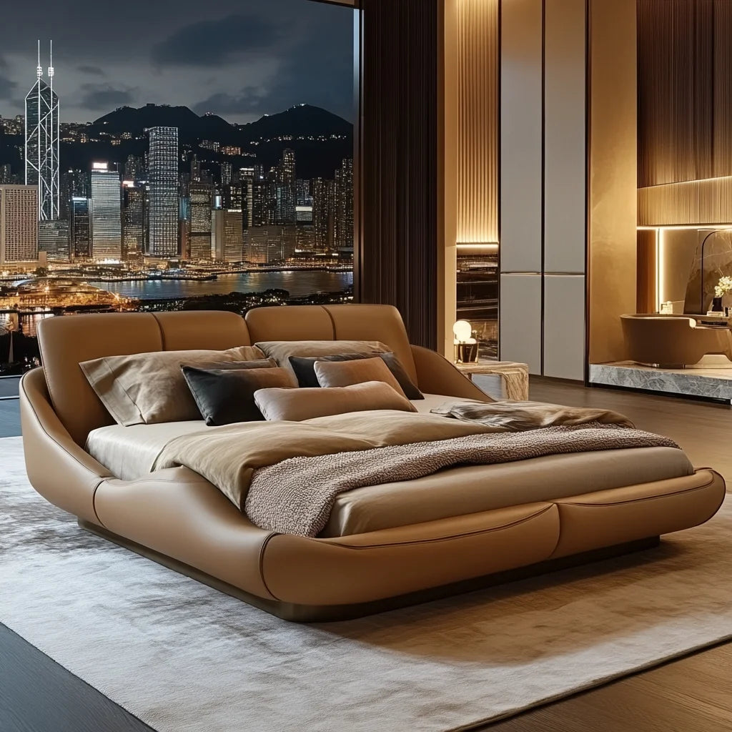 lit moderne bois couverture texturée beige noir gris master bedroom