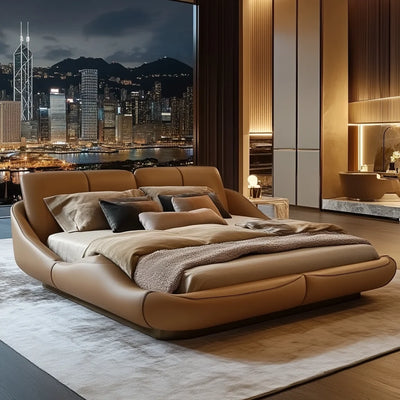 lit moderne bois couverture texturée beige noir gris master bedroom