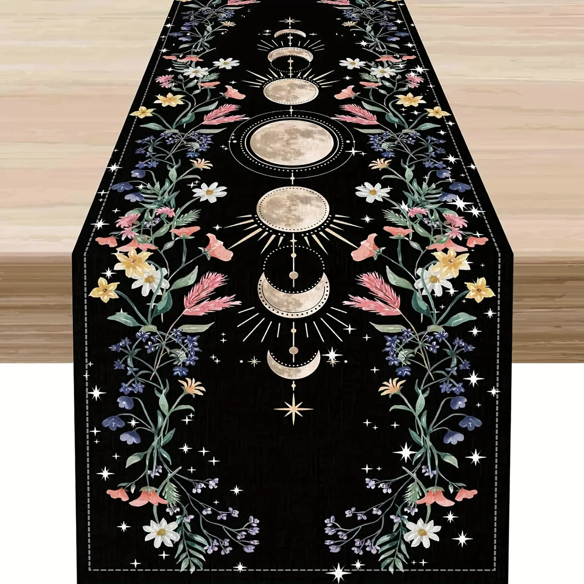 table table lin noir motif floral lunaire bohème mystique étoiles phases lune