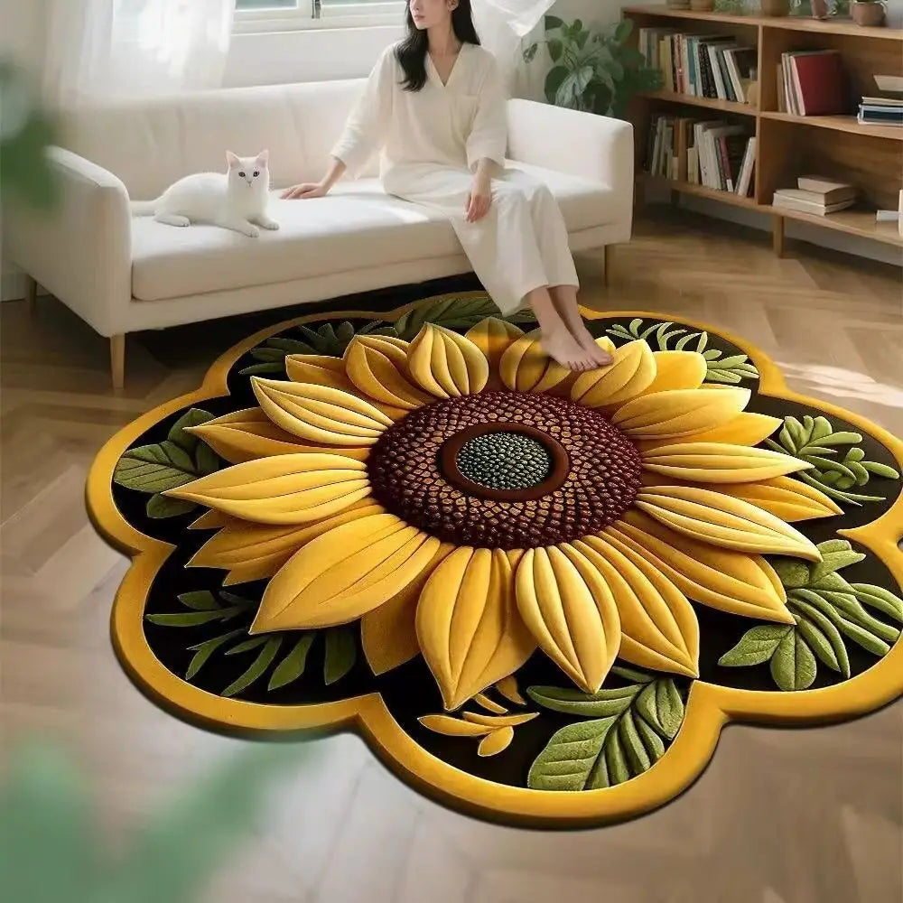 tapis fleur tournesol jaune vert moderne 60x60cm polyester antidérapant salon chambre
