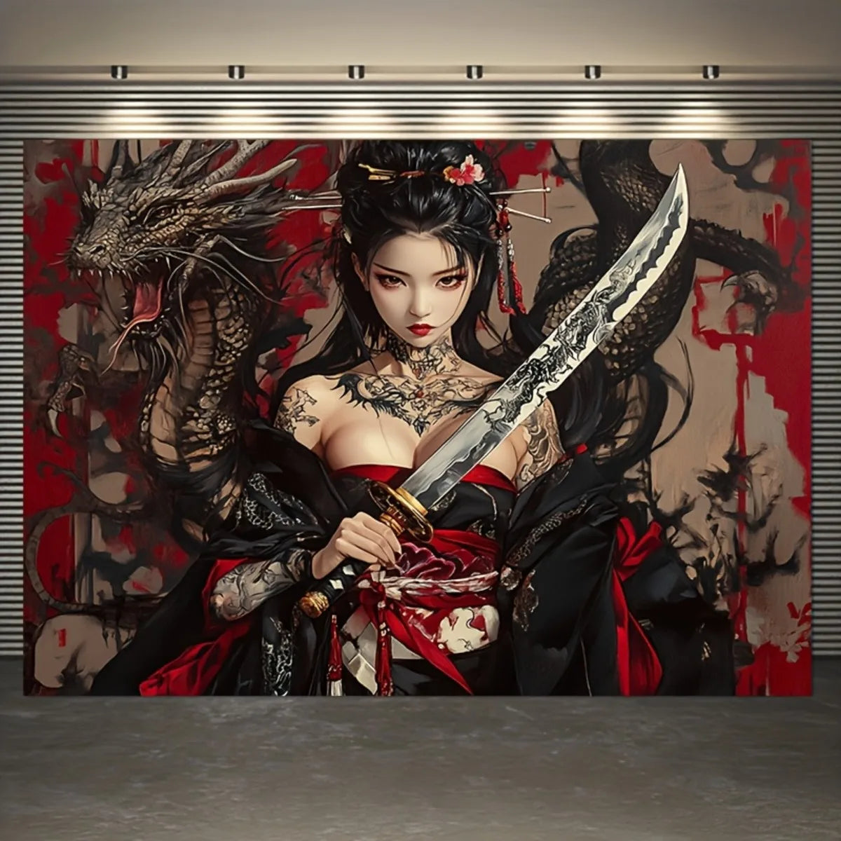 toile d'art manga femme tatouée épée dragons motifs floraux moderne polyester chambre salon decoration