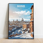Cette image illustre un paysage enneigé de la ville de Rome, en Italie, avec ses bâtiments historiques et ses dômes emblématiques dans un ciel bleu.