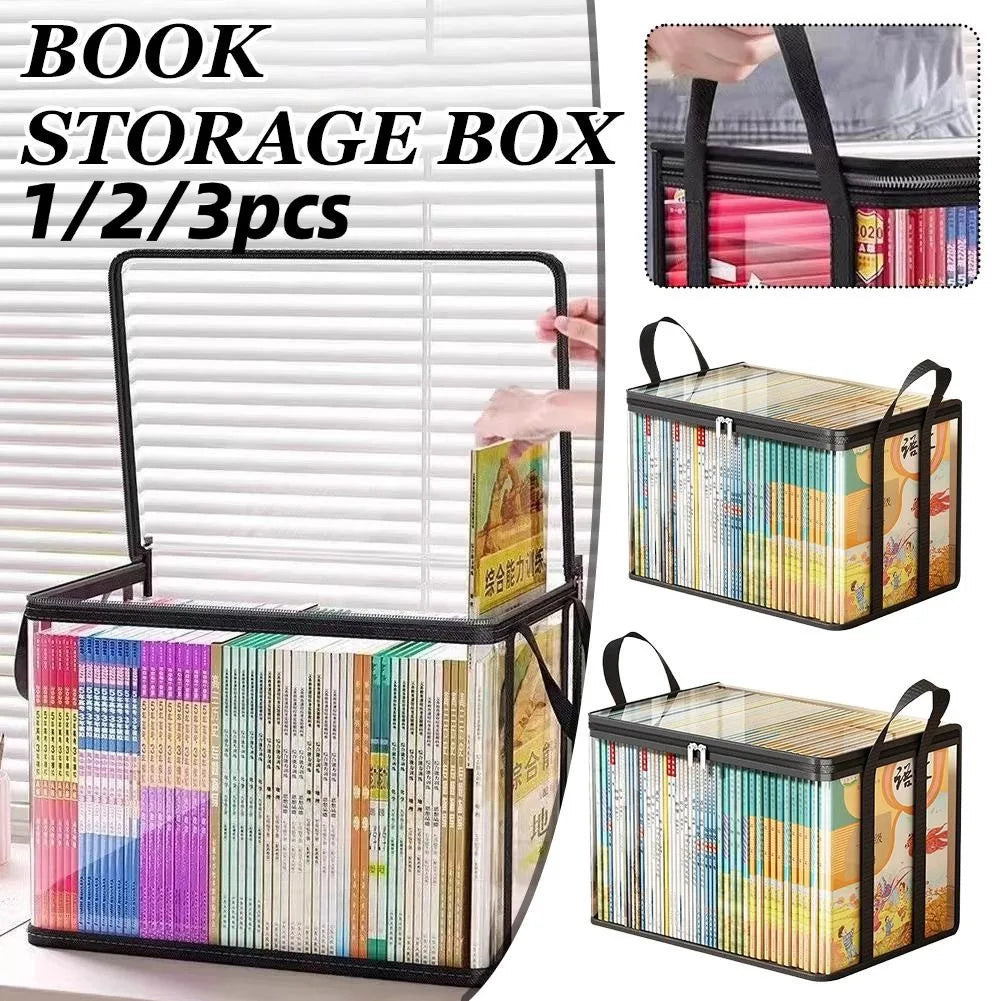 boîtes rangement livres pvc transparentes imprimées couvertures colorées poignées noires moderne pliables anti poussière