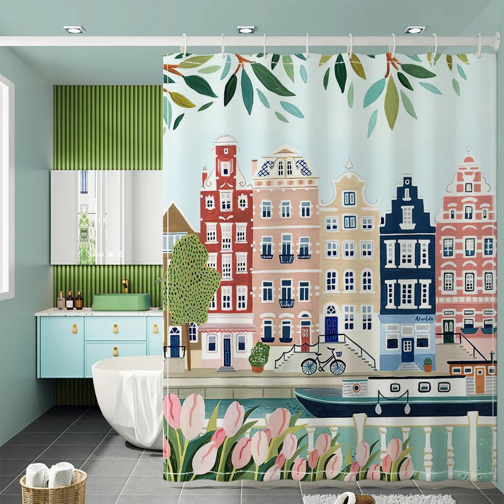 rideau douche polyester imperméable paysages urbains motifs naturels anneaux métalliques bleu blanc vert rose