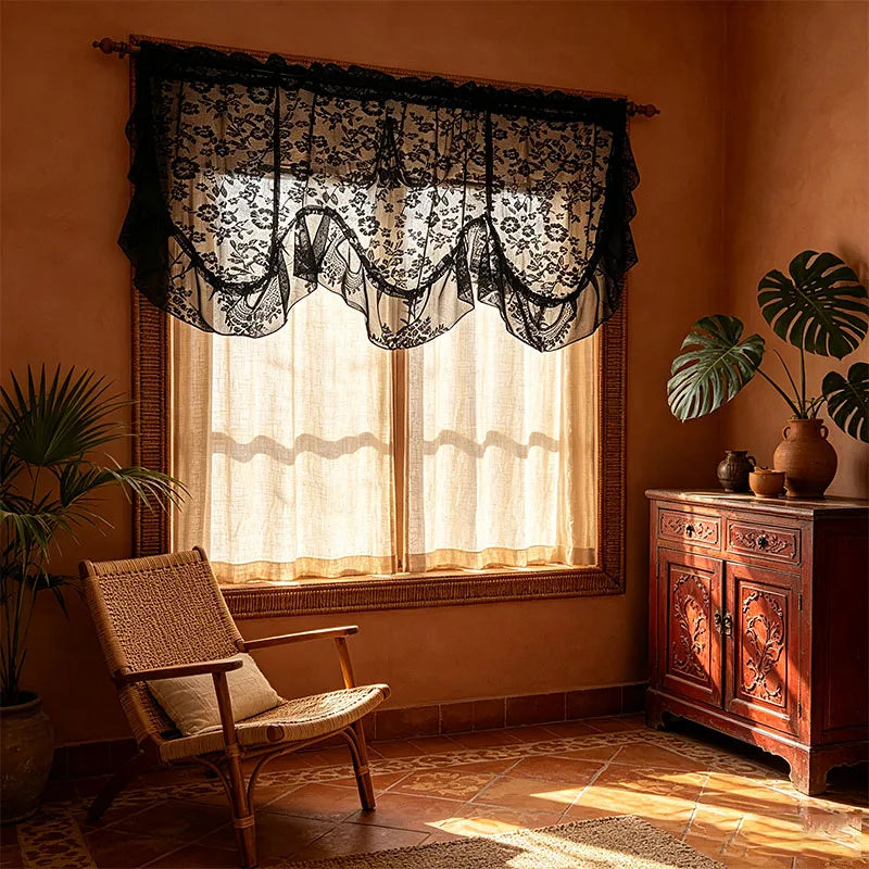 rideau floral transparent noir blanc classique dentelle brodée 130cmx60cm