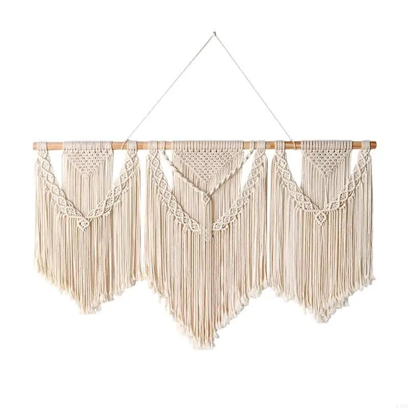 tapisserie macramé boho chic beige clair motifs géométriques franges crochet bois chambre salon
