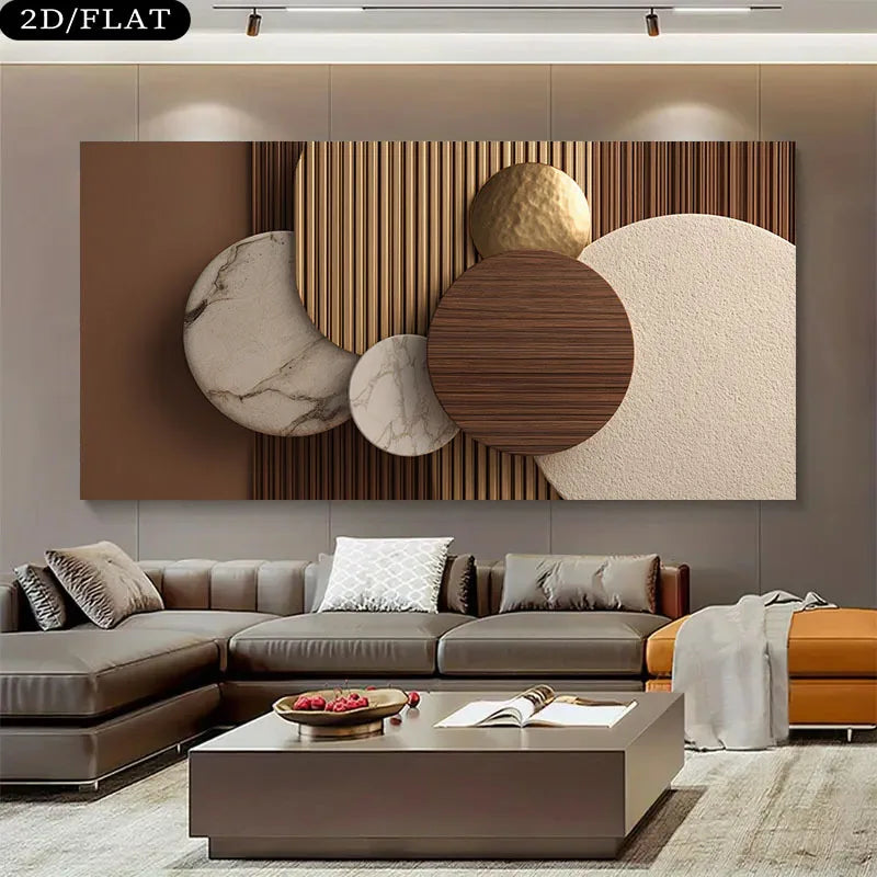 tableau decoratif moderne abstrait forme geometrique toile couleur marron beige doré decoration murale horizontal