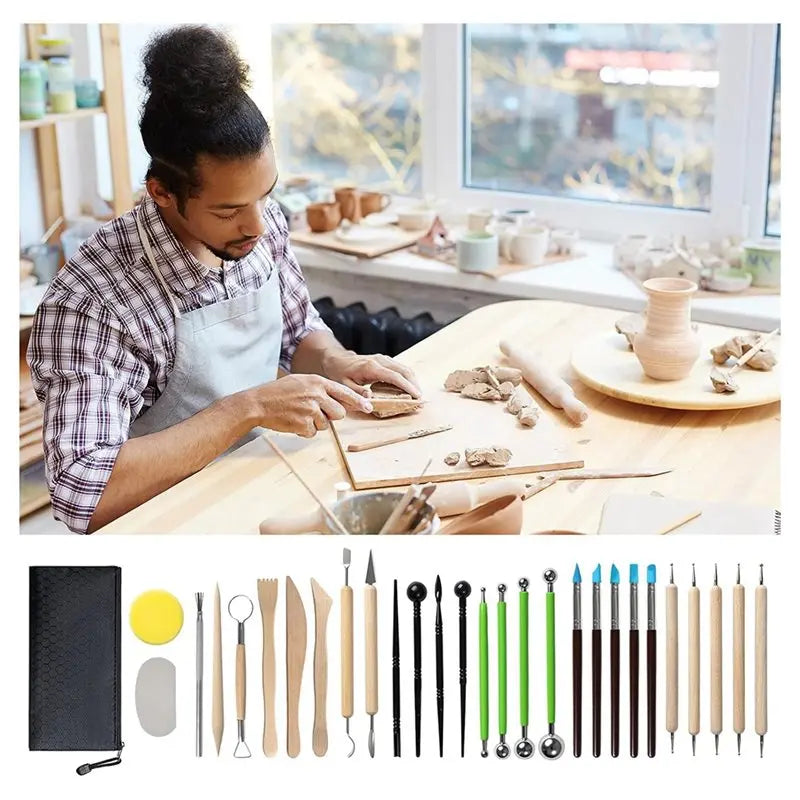 outils modelage argile bois vert bleu noir sculpteur potier kit pointillage