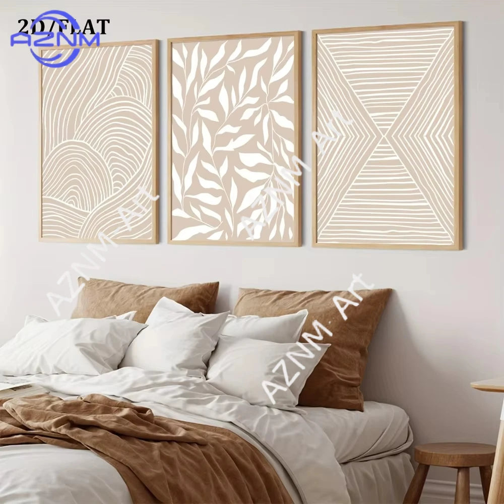 tableau cadre bois motif feuilles beige minimaliste décoration salon chambre moderne bohème