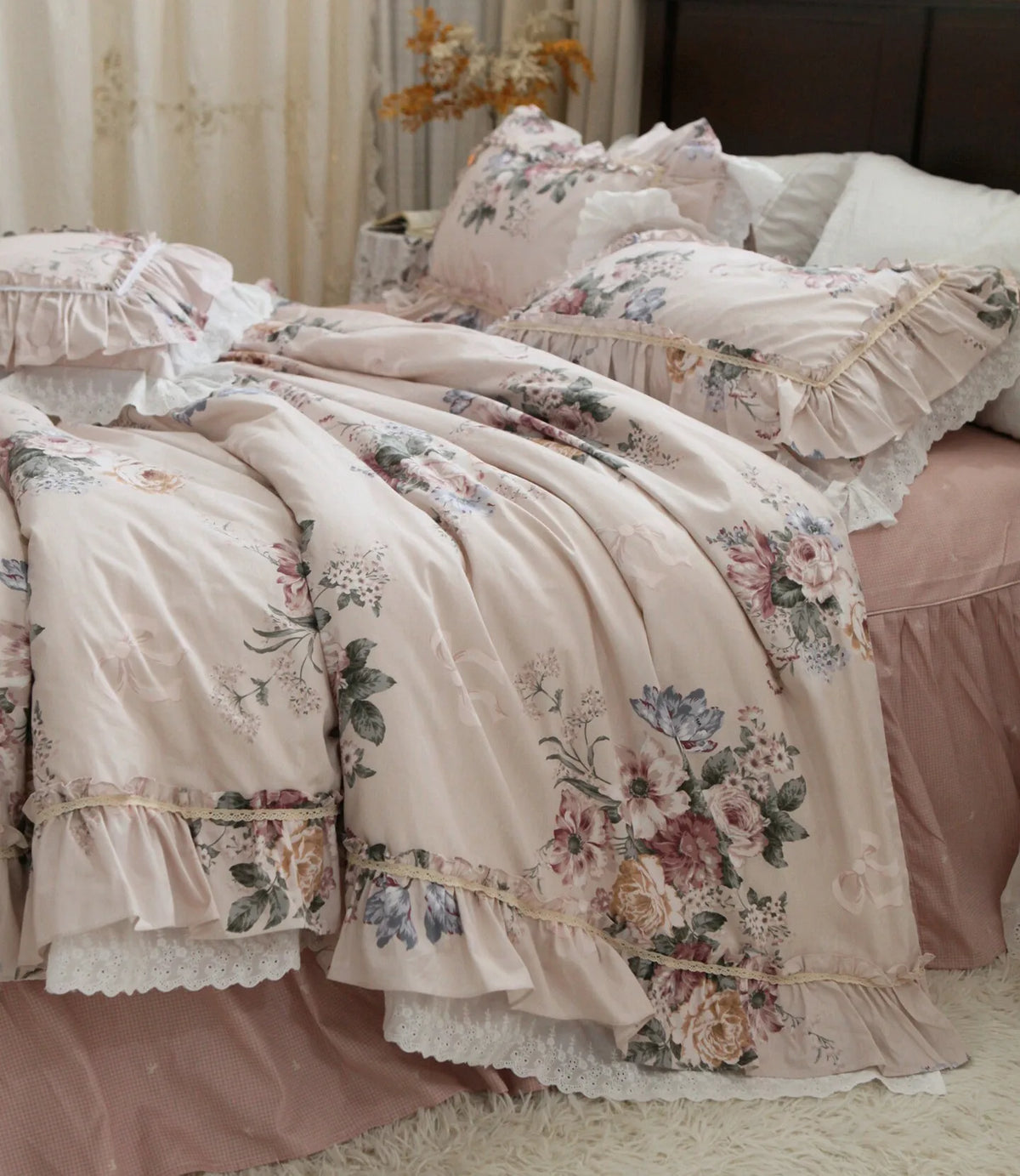 ensemble literie fleuri romantique 100 coton king size beige rose vert bleu