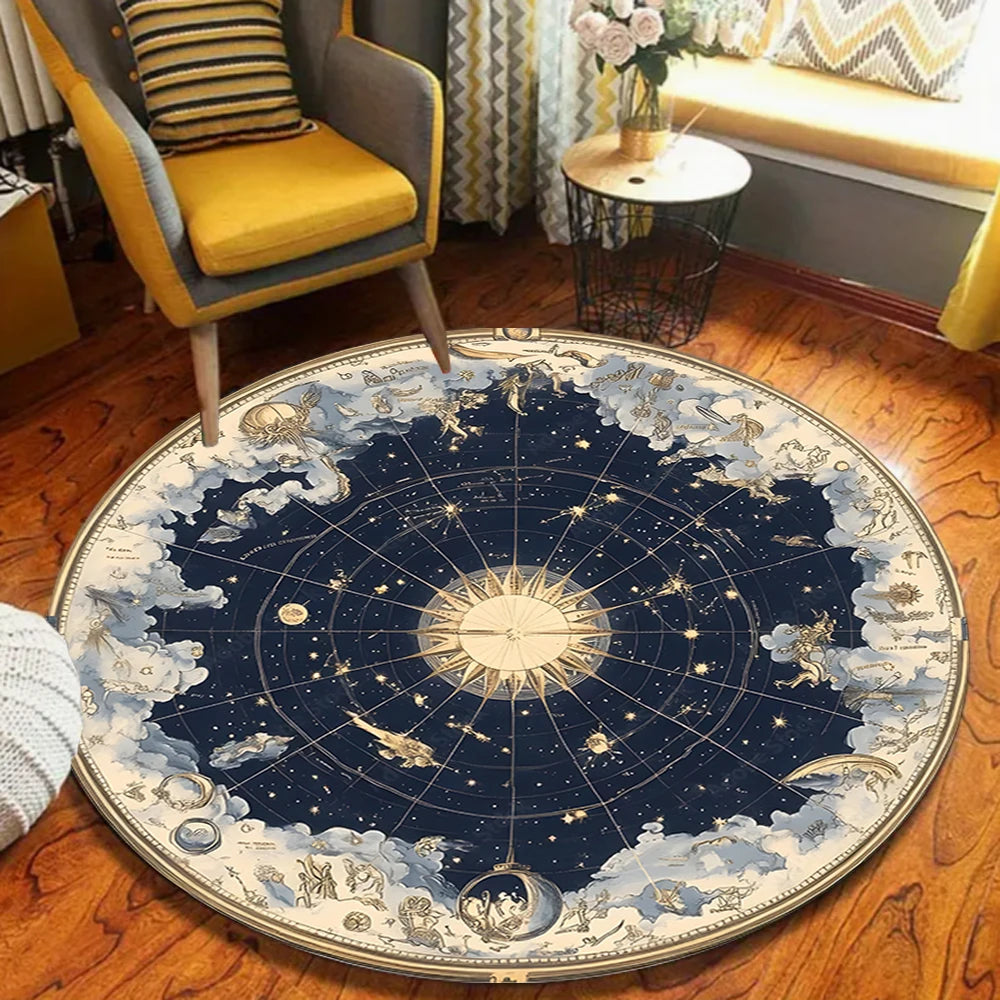 tapis rond céleste étoiles planètes bleu marine doré moderne salon chambre vintage decoration
